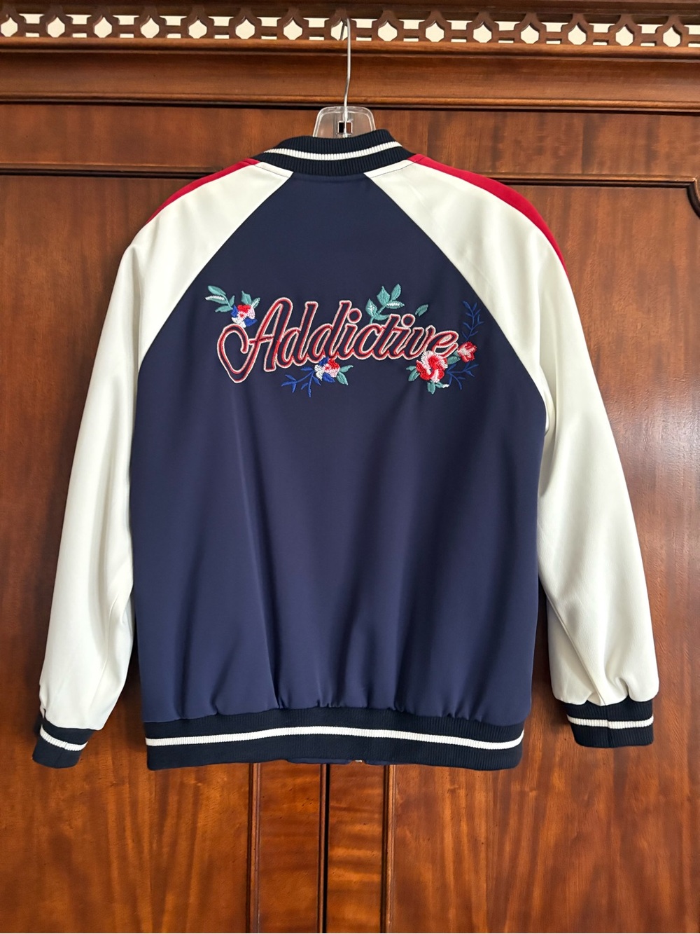 Addictive Embroidered Navy Bomber Jacket with Cream Sleeves